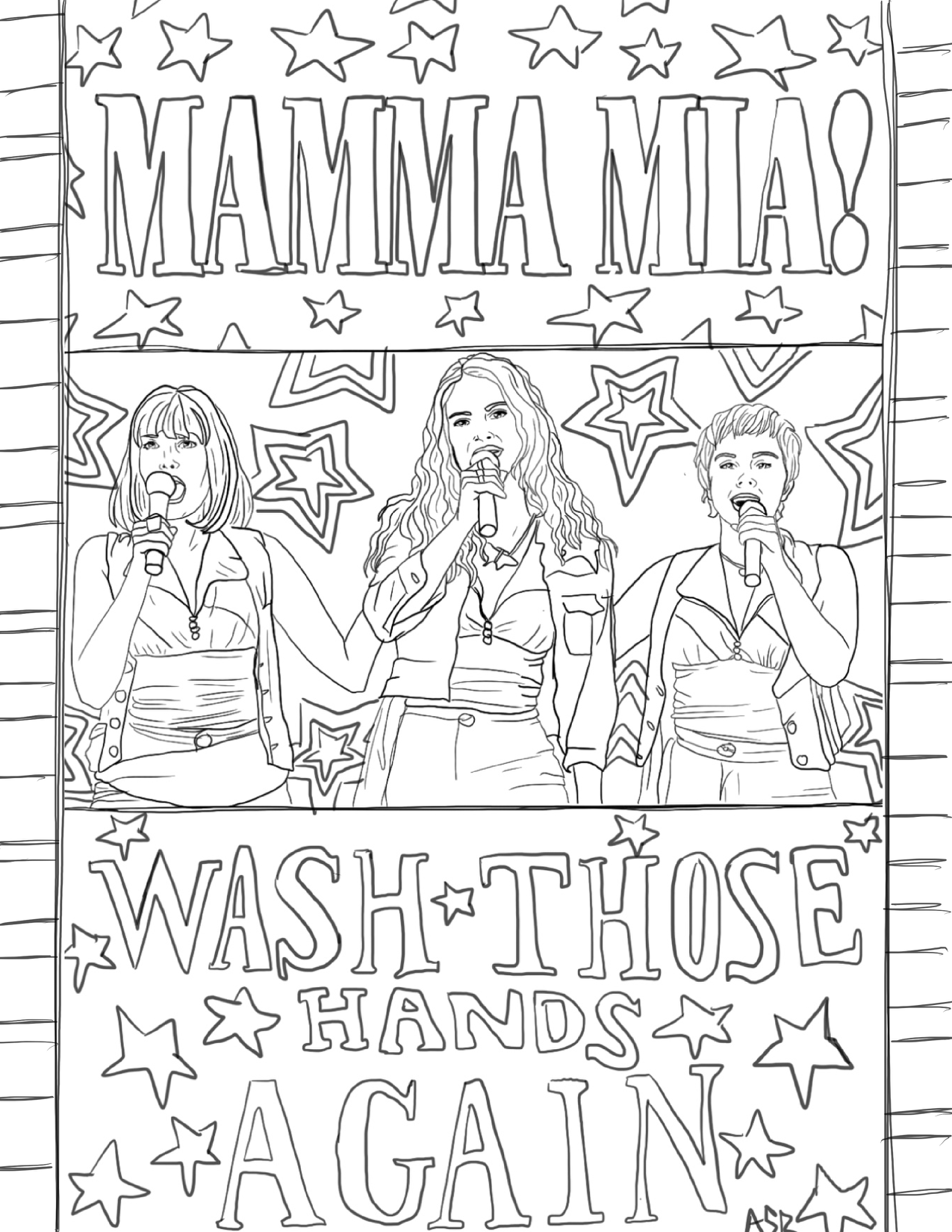 Mamma Mia Coloring Pages Printed on matte card stock. 8 1/2 x 11 - Set of 4 individual designs Hand-drawn illustrations by Coloring Broadway 