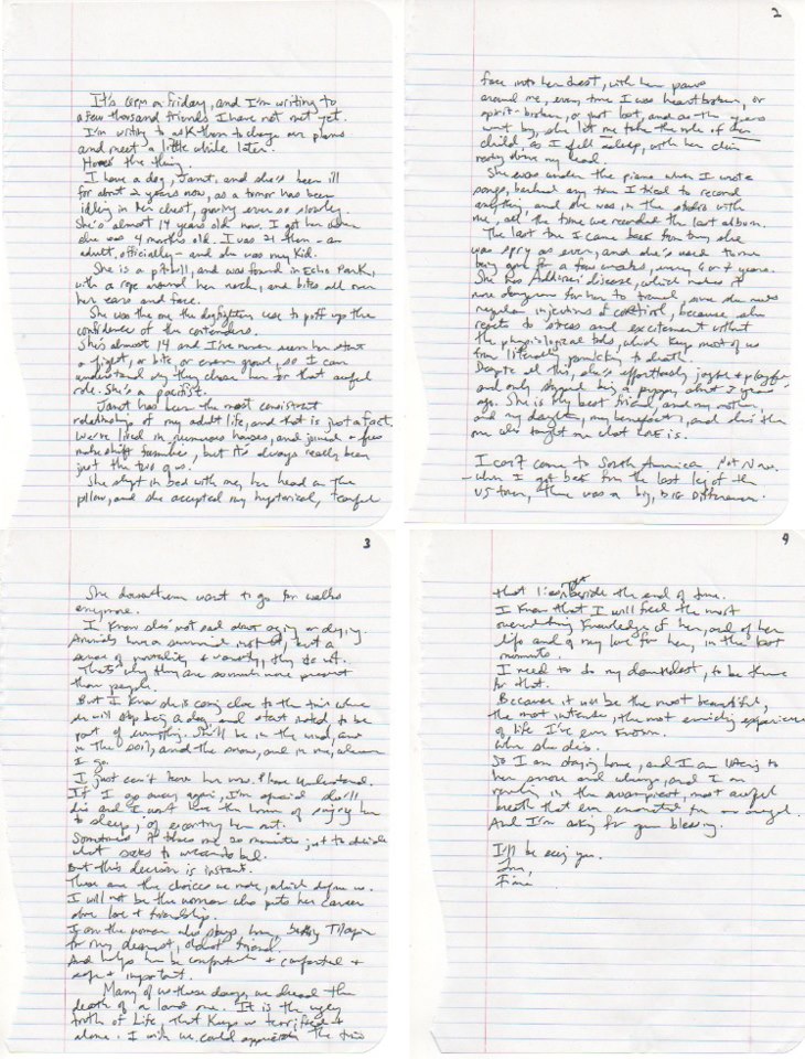 Fiona Apple Pens Heartfelt Letter to Fans Announcing Cancellation of Tour Due to Ailing Dog