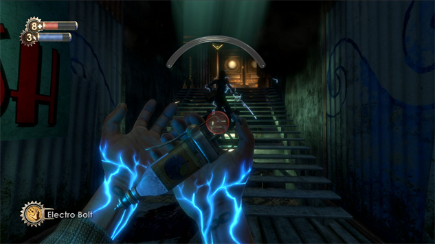 In Bioshock, the player can only see directly in front of them, which makes for a more intense experience